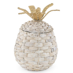White and Brown woven pineapple basket with cotton liner.