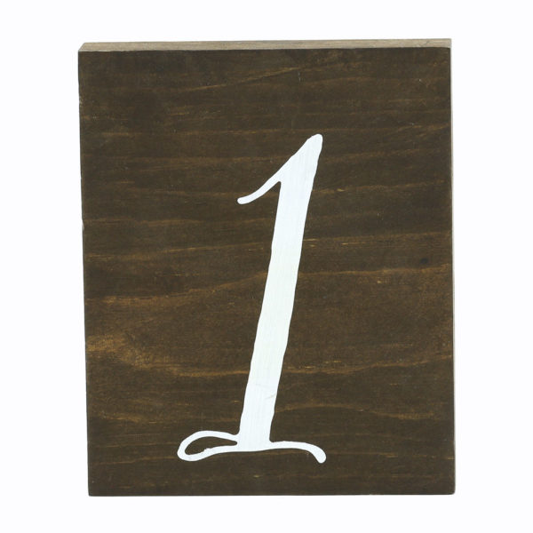 Timber table numbers with white elegant writing. 1 to 35.