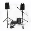 PA speaker system.

Package includes:
P.A with two speakers
Speaker stands x 2
Receiver x 1 (includes 2 antennas and power cable)
Microphones x 2
MIcrophone stand x 1
Lapel microphone x 1
Madonna microphone x 1
Speaker cables x 2
Power cable x 1
Auxillary cable x 1
Batteries AA x 1 pack (back up for microphone)
Instructions