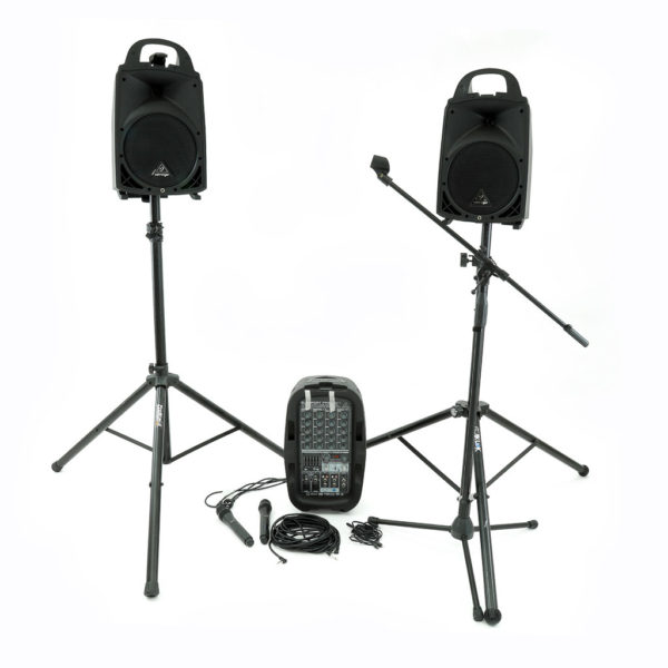 Battery operated PA speaker system. 

Package includes:
P.A 
Microphones x 2
Microphone stand x 1
Power cable x 1
Auxillary cable x 1
Batteries AA x 1 pack (back up for microphone)