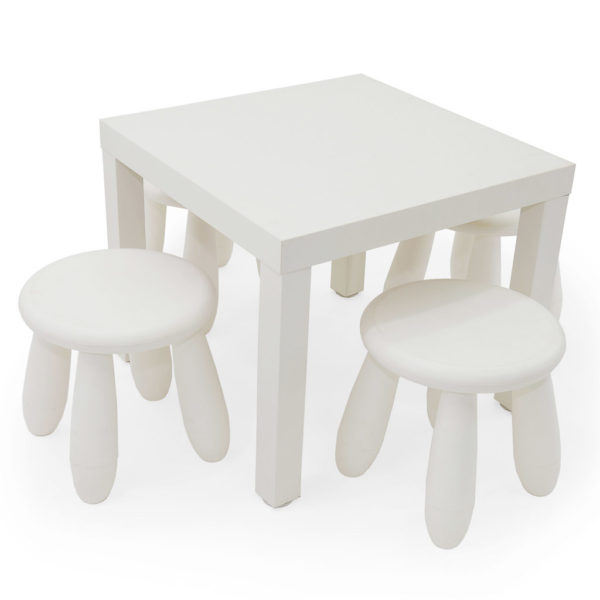 Small white plastic children's table with two matching plastic chairs.