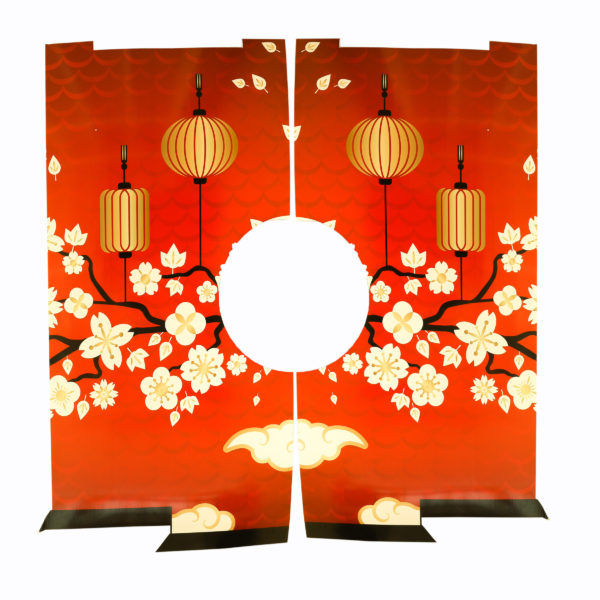 Large corflute Japnese themed entryway. Red background with white cherry blossoms and gold lanterns.