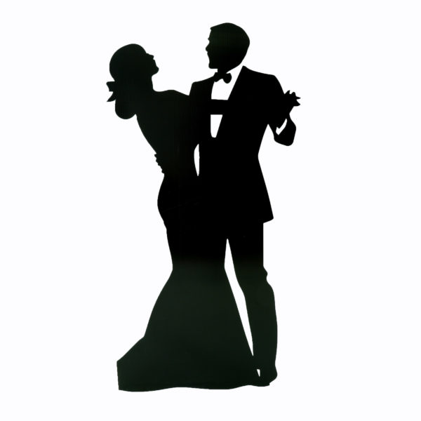 Large corflute signs with silhouette of lady and man dancing.