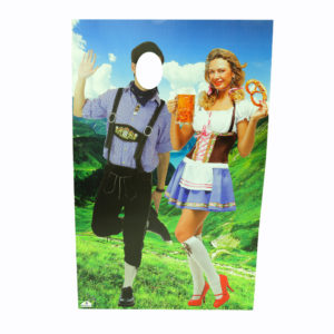 Large corflute German Oktoberfest sign with cut out faces of lady and man for photos.