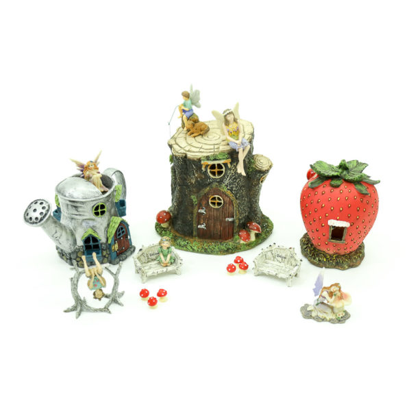 Miniature Fairy House - 3 items:
1. Watering can house. 
2. Tree house.
3. Strawberry house.