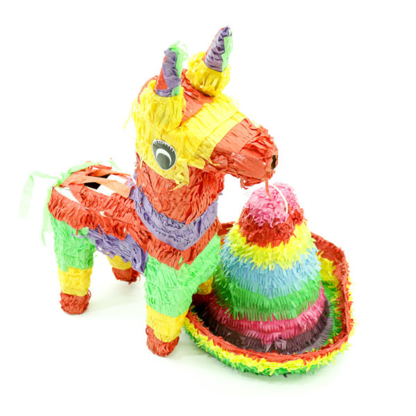 Colourful Mexican style pinyatas. Donkey and Hat.