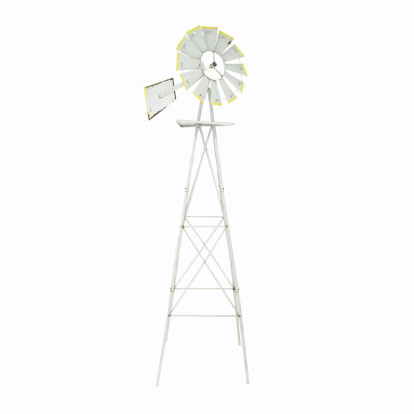 Tall grey iron windmill.