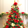 2.4m green Christmas tree covered with red, gold and white decorations. Floral style decorations include red and white flowers, gold and red baubles, gold fern and red bows. Set up $190 | Hire $500 p/w | Removal $150 | Delivery TBC (depends on location)