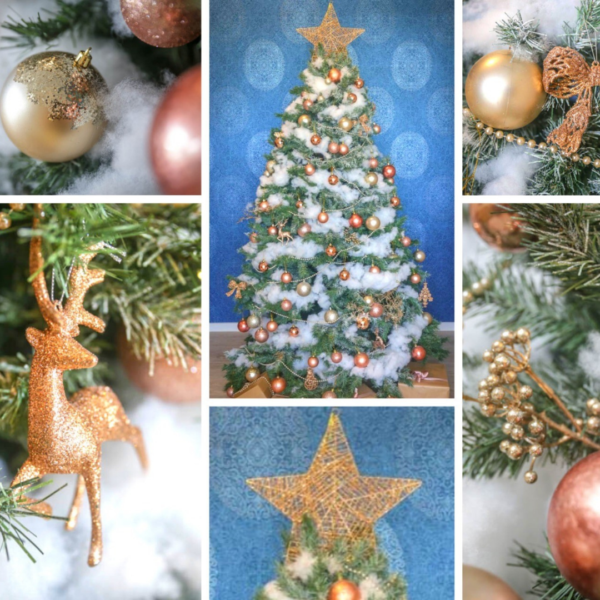 2.4m green Christmas tree covered with snow and styled with gold decorations. 
Styled decorations include a star topper, baubles, bows and reindeers. 
Set up $190 | Hire $250 p/w | Removal $150 | Delivery TBC (depends on location)
