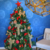 1.9m green Christmas tree covered with silver and blue decorations. 
Woodland style decorations include hessian bows, red berries, baubles and birds with a large red star topper. 
Set up $190 | Hire $200 p/w | Removal $150 | Delivery TBC (depends on location)