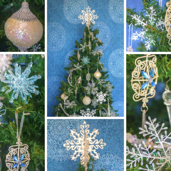 2m green Christmas tree covered with silver and blue decorations. 
Styled decorations include a snow flake topper, silver, pearl and blue baubles as well as snowflakes.  
Set up $190 | Hire $250 p/w | Removal $150 | Delivery TBC (depends on location)