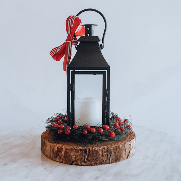 Black lantern Christmas centrepiece.