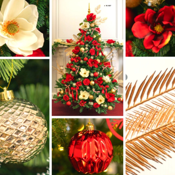 2.4m green Christmas tree covered with red, gold and white decorations. 
Floral style decorations include red and white flowers, gold and red baubles, gold fern and red bows. 
Set up $190 | Hire $500 p/w | Removal $150 | Delivery TBC (depends on location)