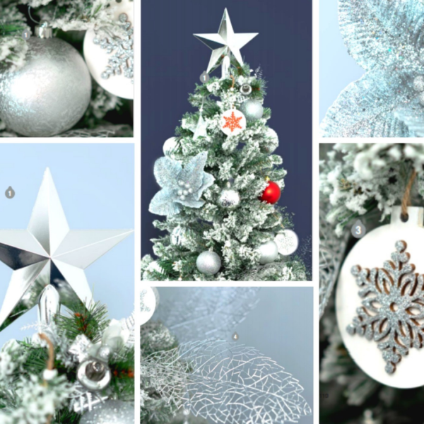 1.9m green Christmas tree covered with snow as well as silver, white and red decorations. 
Styled decorations include silver flowers, white and red baubles and a large silver star topper.
Set up $190 | Hire $400 p/w | Removal $150 | Delivery TBC (depends on location)