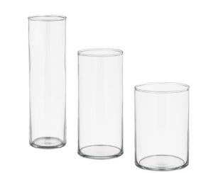 Set of 3 thin glass vases, cylindrical in shape. Perfect for centrepieces, table arrangements & styling decor.

1st vase; height 28cm, 
2nd vase; height 23cm,
3rd vase; height 17cm.